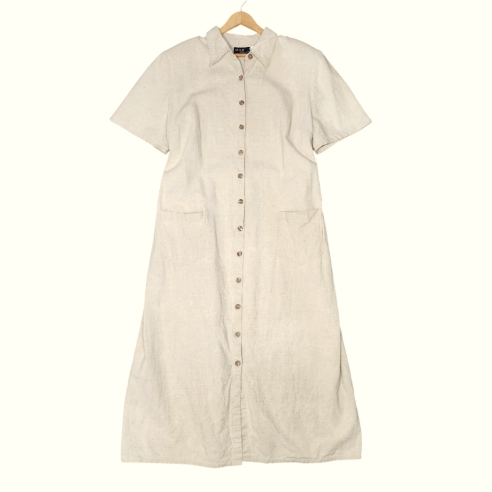 Vintage 90s Linen Cream Button Down Maxi Dress Short Sleeve Patchwork Pockets 20